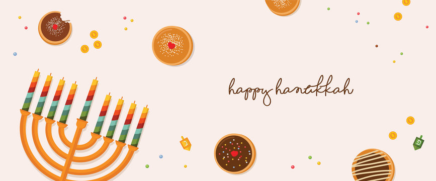banner for Jewish holiday. Hanukkah traditional dougnuts and menora