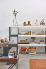 decorative room style with white bookcase in the book and flowers