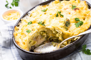 Gratin or Casserole in baking dish. Pasta fish cheese and vegetables.
