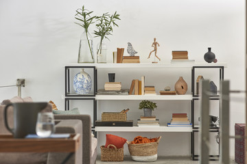 modern office room detail vertical banner behind white wall decoration concept