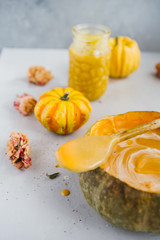 Pumpkin soup on the table.
