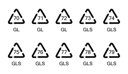 Vector illustration of collection glass recycling symbols, signs, icons for different types of glass material set.
