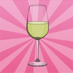 Vector illustration of glass of white wine in pop art style. Pop art dotted halftone background.