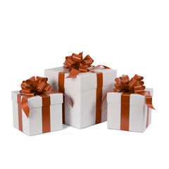 three christmas gift white box with red bow and ribbon on a white background