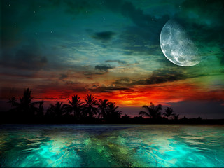 L& 39 océan, le coucher du soleil et la lune