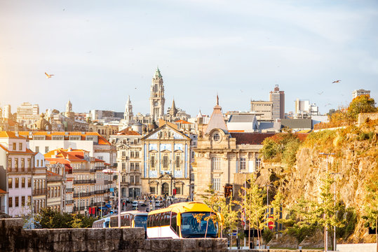 Cityscape view with beautiful buildings, church and city hall tower in Porto city, Portugal