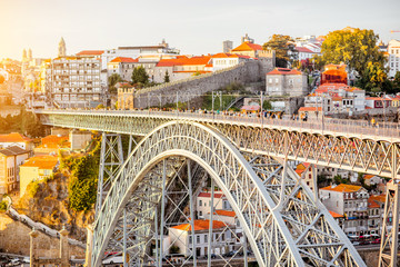 Close-up view on the famous Luis iron bridge in Porto city, Portugal