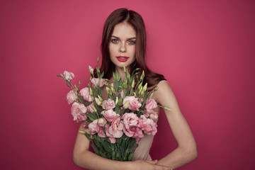 girl with a bouquet on a purple background