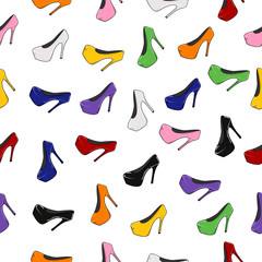 Vector seamless pattern illustration of women's shoes with high heels. Elegant sexy shoes