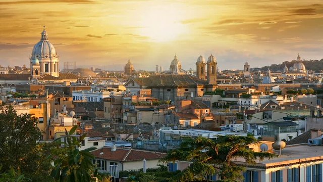 Panoramic view of the sunset in the city of Rome, Italy