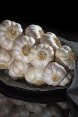 String of french pink garlic on old tin plate on black background with reflection