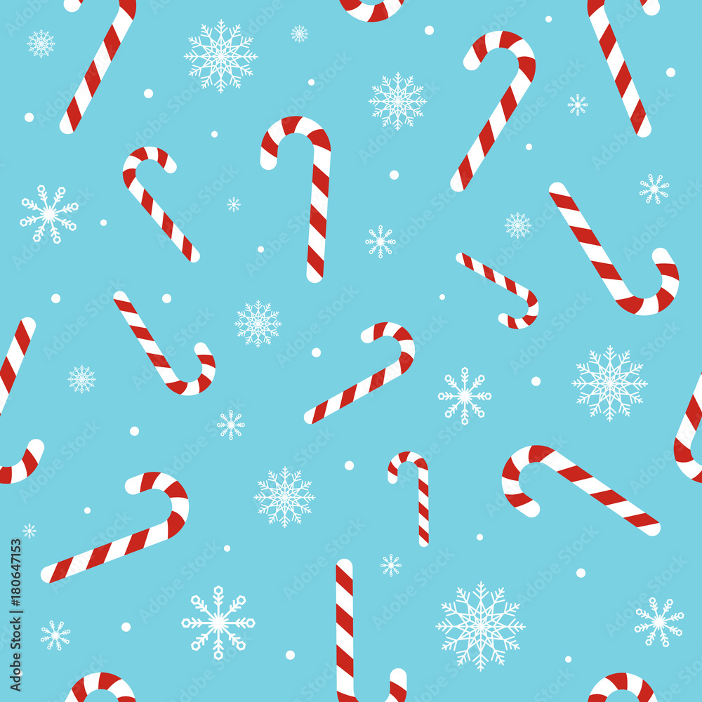 Wall mural christmas seamless pattern with candy canes, snowflakes, snow ball on blue background. background fo