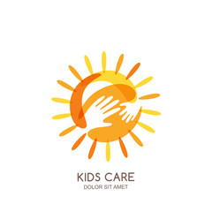 Kids care, family or charity vector logo emblem design template. Hand drawn sun with baby and adult hands silhouettes, isolated icon. Voluntary non profit organization or healthcare concept.