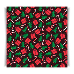 Seamless pattern of Christmas and New Year symbols. Gift, christmas tree, candy pattern on black background. Perfect for greeting card, wrapping paper etc. Vector illustration.