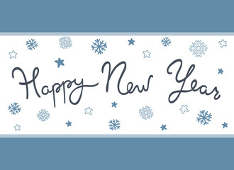 Happy New Year text and blue snowflakes on the background.