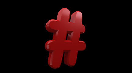 3d rendering of Hashtag internet notification concept on a Black background. Hash symbol.