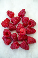 Isolated Raspberries Marble Background Top View Vertical Picture Selective Focus