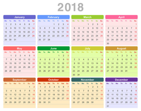 2018 year annual calendar (Monday first, English)