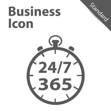 Business Clock Icon 24/7 365 Days - Standard label for Customer Service, Support, Call Center... Isolated on gray Background