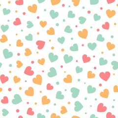 Seamless pattern with colorful hearts and dots on a white background. Vector repeating texture.