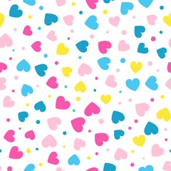 Seamless hearts and dots pattern with white background. Vector repeating texture. Perfect for printing on fabric or paper.