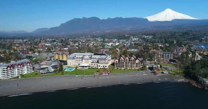 Aerial View of Pucon Chile Lake Waterfront and Villarrica Volcano