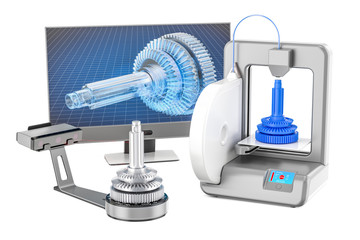 3d scanner, 3d printer and computer monitor, 3D rendering