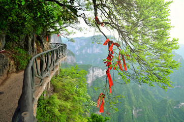 Zhangjiajie, China - May 10, 2017: Detail of red ribbons in Wish Forest Zhangjiajie National Park, China.