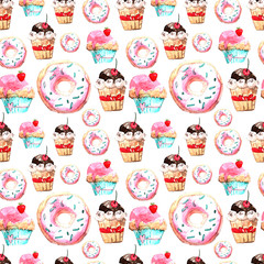 Sweet Seamless Pattern with Cakes, Donuts and Ice-cream. Appetizing Background for Design of Menu, Invitations, Pages of a Cookbook. Wonderful Print for Wrapping Paper, Fabric, Tiles, Wallpaper