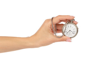 Pocket's clock in the woman's hand, isolated