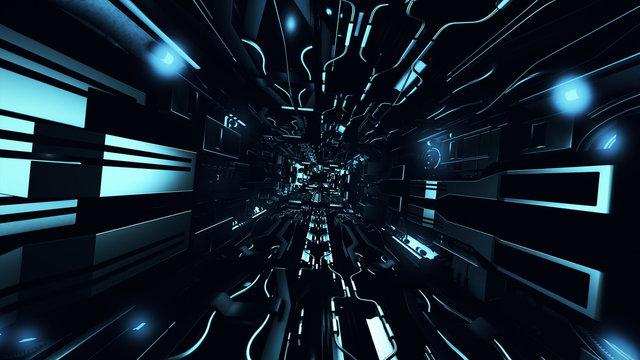Fly inside of futuristic metallic corridor 3d rendering