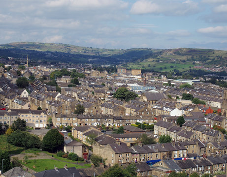 panoramic view of halifx in west yorkshire showing king cross area and pennine hills in the background