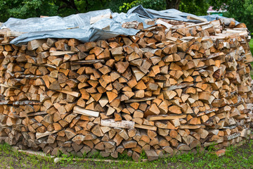 Homemade woodpile in the open air