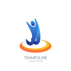 Vector trampoline sport logo emblem design template. Isolated illustration of jumping man or child on trampoline. Kids activity, fun park or sports competitions concept.