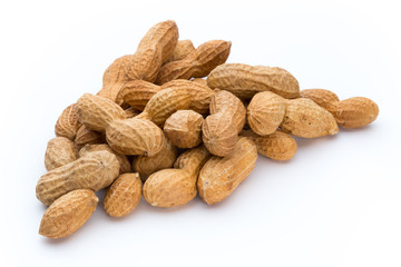 Dried peanuts on the white background.