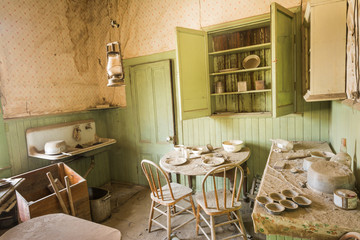 Kitchen in an early 1900's house in Bodie State Park, A ghost town that was a wild west mining town.