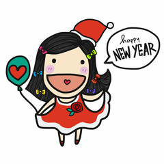 Cute Santa Claus girl say Happy New Year cartoon vector doodle style