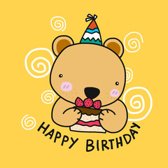 Cute Bear with cake Happy Birthday cartoon vector illustration