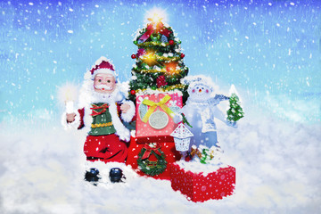 Santa and a snowman stand on the snow and have a cherry tree.