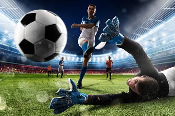 Fotobehang Goalkeeper kicks the ball in the stadium © alphaspirit