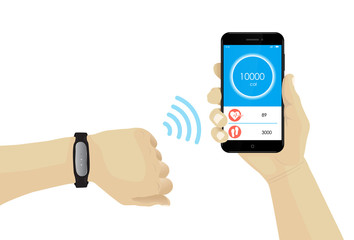 Fitness bracelet on hand with wifi smartphone infographic