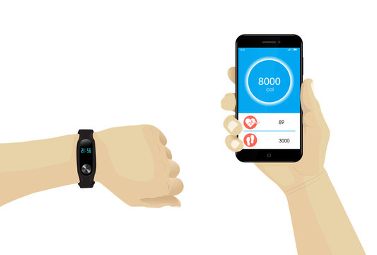 Fitness bracelet on hand with smartphone infographic. Heart rate tracker.