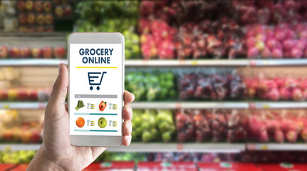 grocery shopping at upermarket mall grocery store vegetable  healthy food smart phone online...