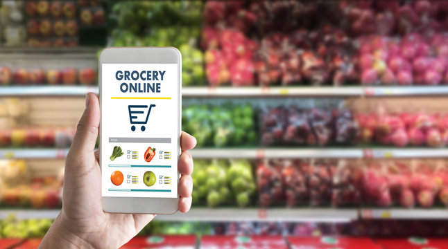 Grocery Shopping At Upermarket Mall Grocery Store Vegetable  Healthy Food Smart Phone Online Supermarket