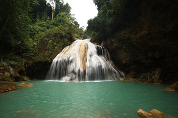 beautiful waterfall with blue water