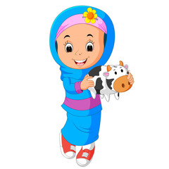 kids holding cow bank