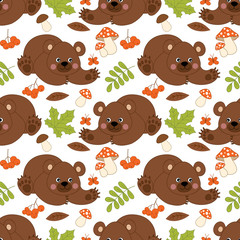 Fototapeta premium Vector Seamless Pattern with Cute Bears, Mushrooms, Berries and Leaves