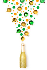 Christmas tree made of red and green Christmas balls on white background. Flat lay, top view