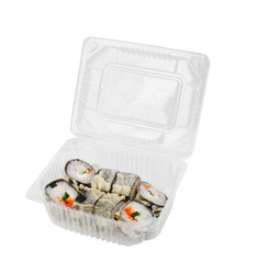 assorti sushi set in open plastic box isolated on white background