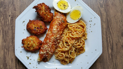 Food dish with pasta top view